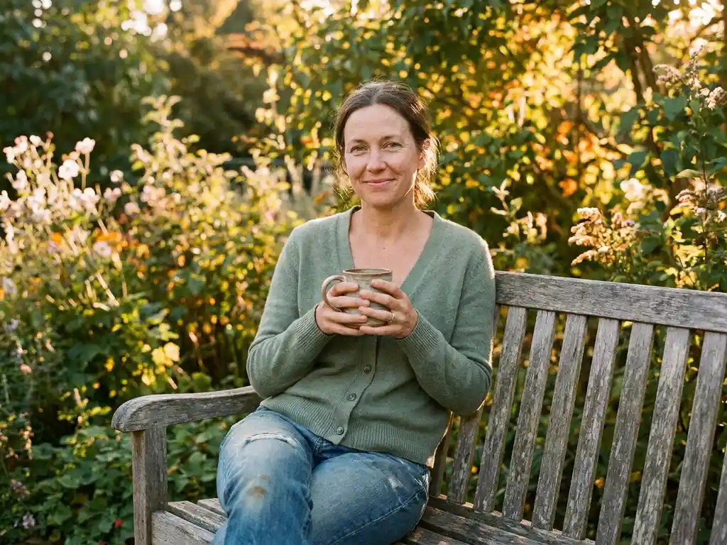 Pflegerin macht Pause auf Gartenbank im Sonnenlicht, hält Keramiktasse, umgeben von üppigem Grün in warmem Nachmittagslicht.
