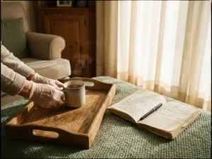 Pflegerin arrangiert Teetasse und aufgeschlagenes Notizbuch auf Holztablett im gemütlichen Seniorenzimmer mit warmem Nachmittagslicht.