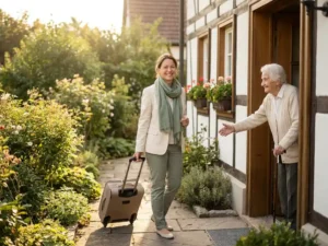Pflegerin mit Rollkoffer wird von älterem Mann an der Haustür eines deutschen Einfamilienhauses herzlich begrüßt.