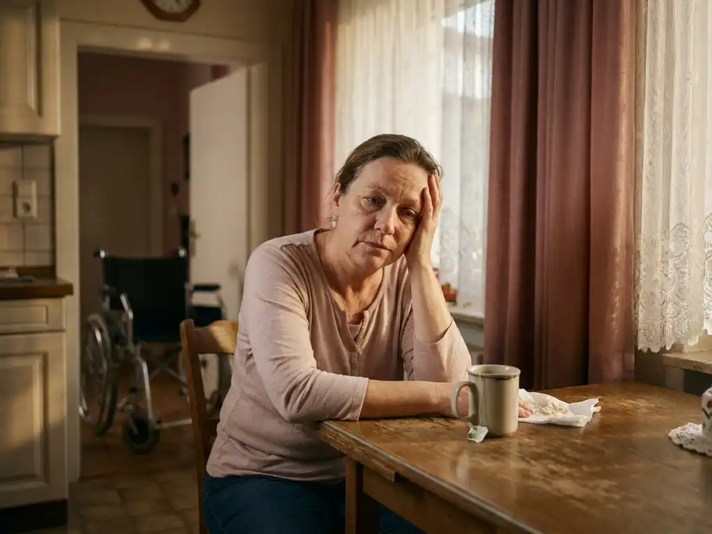 Erschöpfte Frau mittleren Alters am Küchentisch, Kopf in der Hand gestützt, Rollstuhl im Hintergrund, kalte Teetasse daneben.