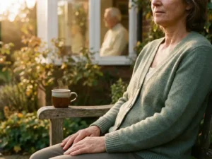 Pflegende Angehörige entspannt auf Gartenbank mit Teetasse, ältere Person unscharf im Hintergrund durch Cottage-Fenster sichtbar, goldenes Nachmittagslicht.