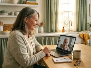 Frau mittleren Alters beim Videoanruf mit einem älteren Elternteil am Laptop, handgeschriebene Pflegeliste und Tee auf hellem Küchentisch.