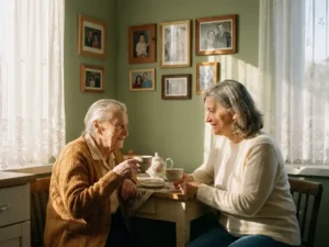 Pflegerin und ältere Frau teilen eine Tasse Tee am sonnigen Küchentisch, umgeben von Familienfotos und warmem Morgenlicht.