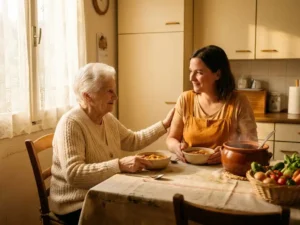 Pflegerin und ältere Frau beim gemeinsamen Frühstück am sonnigen Küchentisch mit frischem Gemüse und dampfendem Topf.
