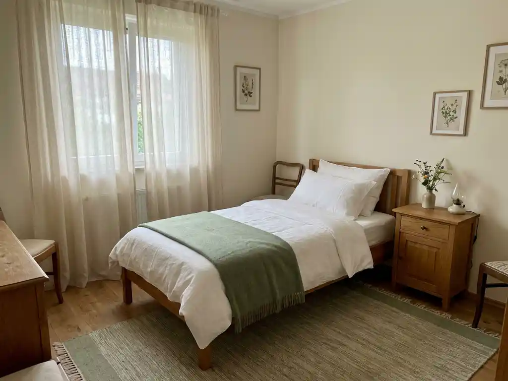 Frisch bezogenes Einzelbett mit weißer Bettwäsche neben Holznachttisch mit Blumenvase in gemütlichem deutschem Gästezimmer.