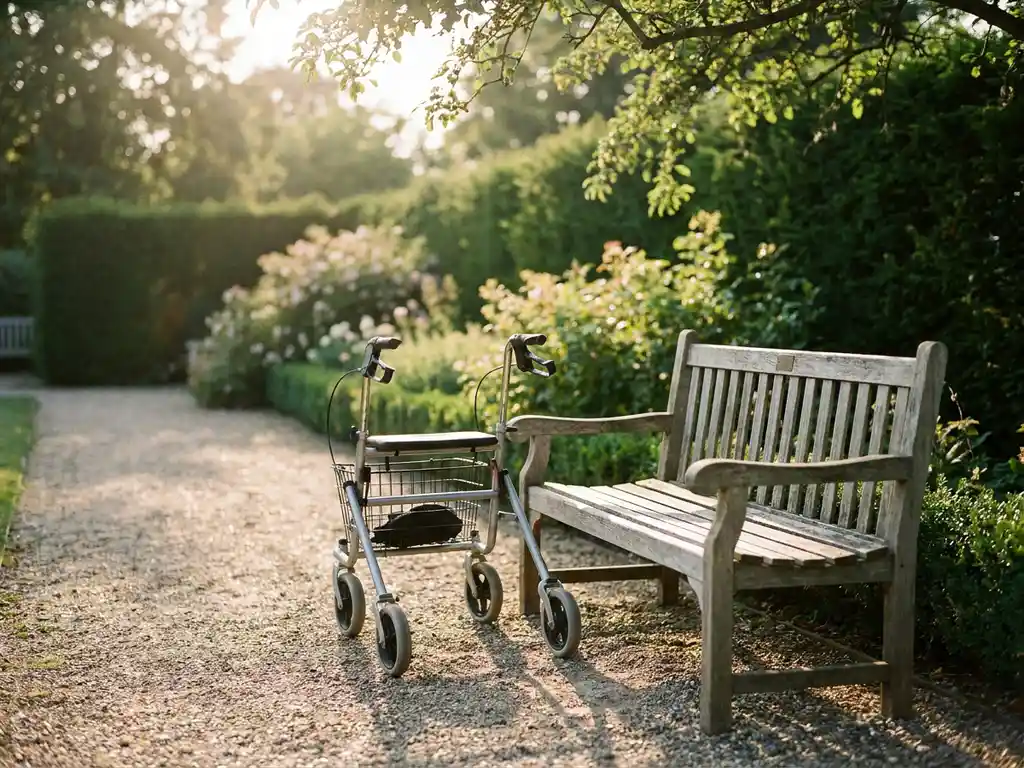 Silberner Rollator auf einem sonnigen Gartenweg neben einer Holzbank, umgeben von grünem Blattwerk im warmen Nachmittagslicht.