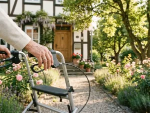 Silberner Rollator auf sonnigem Gartenweg vor deutschem Haus, Hand einer älteren Frau am Griff, Blumen und Holztür im Hintergrund.