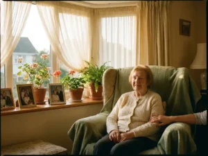 Ältere Frau sitzt im Sessel am Fenster, warmes Nachmittagslicht fällt auf Familienfotos und Blumen, eine fürsorgliche Hand ruht sanft daneben.