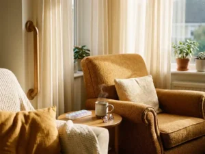 Wohnzimmerecke mit Haltegriff neben Sessel, Beistelltisch mit Teetasse und Medikamenten, goldenes Nachmittagslicht durch Gardinen.