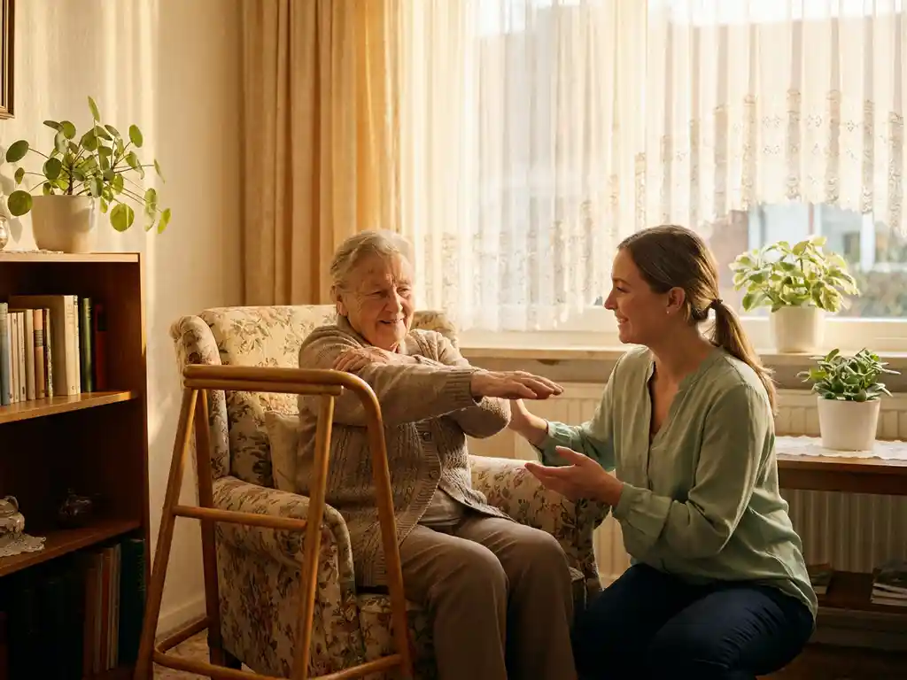 Ältere Frau macht sitzende Dehnübungen im Wohnzimmer, begleitet von einer Pflegeperson, Rollator im Hintergrund.