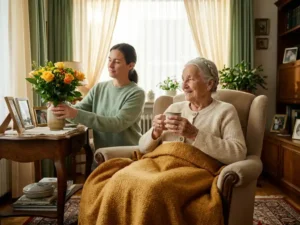 Ältere Frau mit Silberhaar hält Teetasse im Sessel, während Pflegerin Blumen arrangiert – häusliche Seniorenpflege im Morgenlicht.