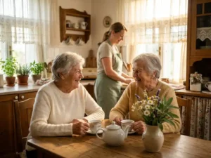 Zwei ältere Frauen lachen herzlich beim Tee am Küchentisch, frische Blumen in Keramikvase, Pflegeperson im Hintergrund, warmes Morgenlicht.