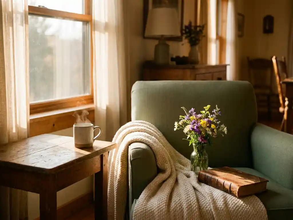 Dampfende Tasse Tee auf Holztisch neben sonnigem Fenster, Strickdecke, Wildblumen und aufgeschlagenes Buch in warmem Nachmittagslicht.