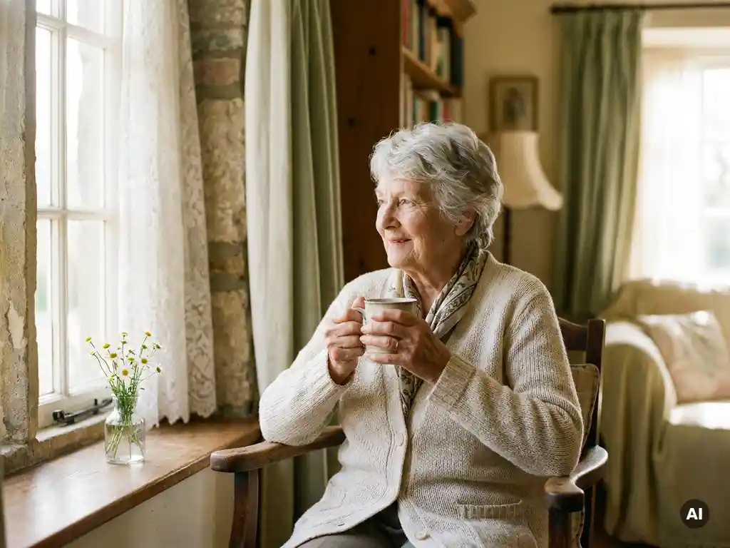 Ältere Frau mit silbernem Haar hält Teetasse am Fenster, weiße Blumen auf der Fensterbank, sanftes Morgenlicht.