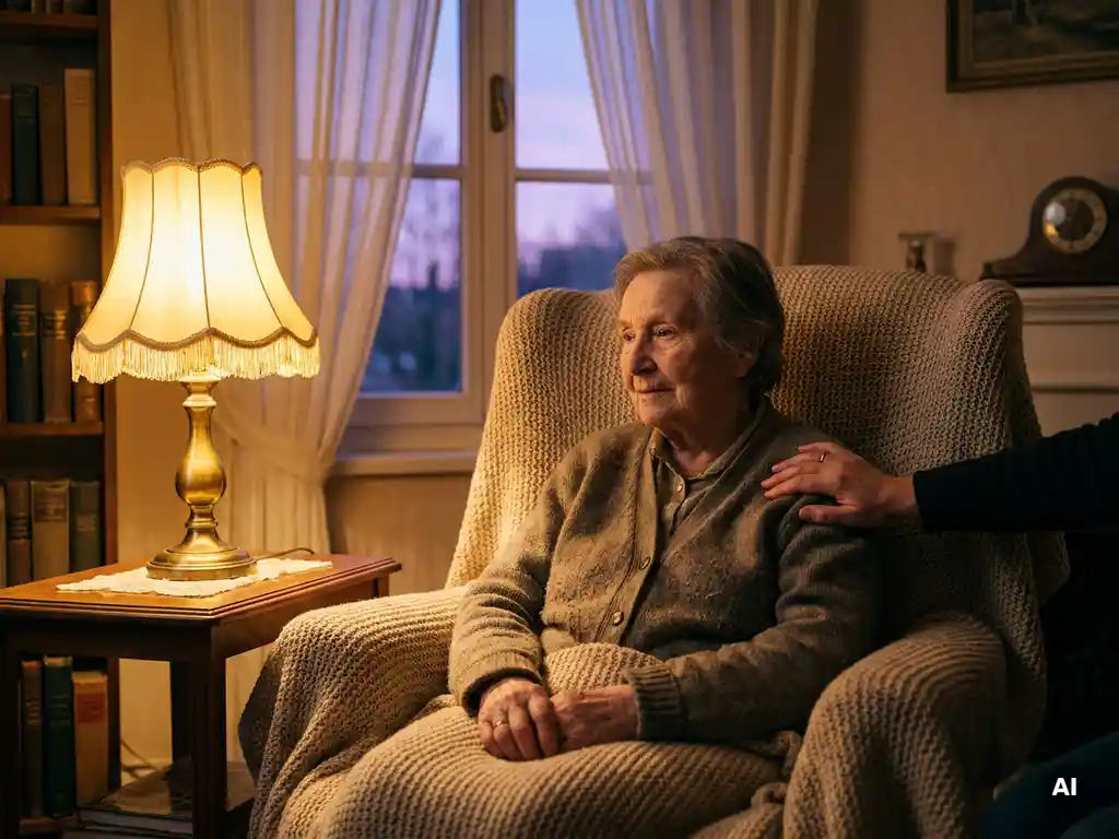 Ältere Person in beleuchtetem europäischen Wohnzimmer, eine Hand liegt fürsorglich auf ihrer Schulter, warmes Lampenlicht und Lavendeldämmerung.