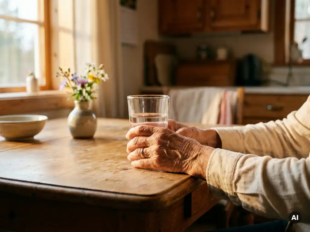 Faltige Hände einer älteren Person halten ein Glas Wasser am Küchentisch, warmes Morgenlicht, verschwommene Blumenvase im Hintergrund.