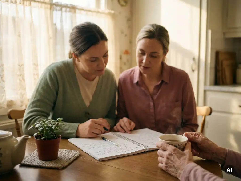 Zwei Pflegekräfte besprechen ein handgeschriebenes Pflegeheft am Küchentisch einer Seniorin, die eine Teetasse hält.