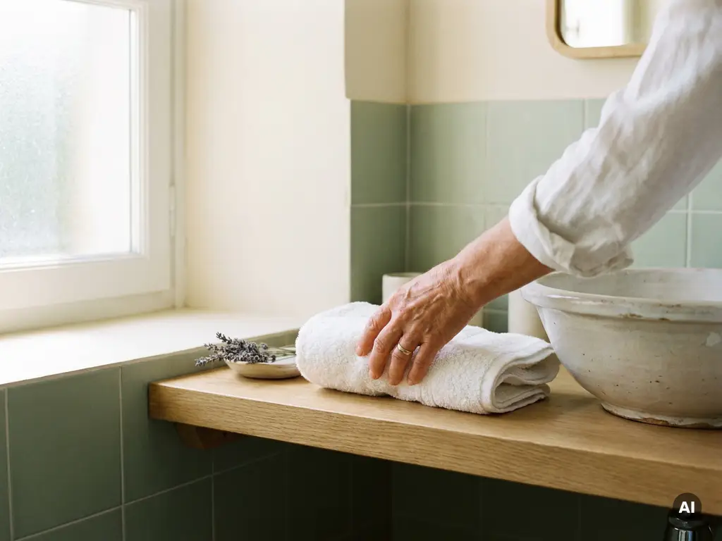 Pflegende Hand legt weißes Handtuch neben Keramikwaschbecken auf Eichenholzregal, Lavendelzweig daneben, helles Badezimmer.