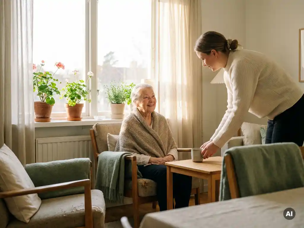 Ältere Frau am Fenster im skandinavischen Wohnzimmer, Pflegerin reicht Teetasse, warmes Morgenlicht, frische Blumen auf der Fensterbank.