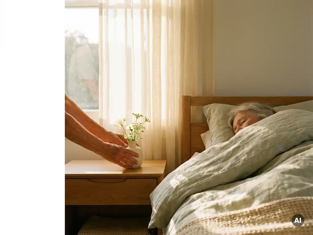 Pflegende Hände stellen weiße Blumen ans Fensterbrett neben einer ruhenden älteren Person im sonnendurchfluteten Schlafzimmer.