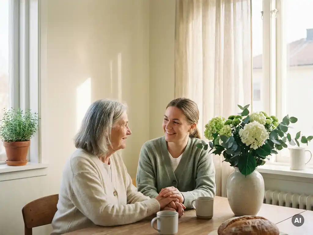 Pflegerin und ältere Frau sitzen gemeinsam am Küchentisch, frische Blumen und sanftes Morgenlicht schaffen eine ruhige, würdevolle Atmosphäre.