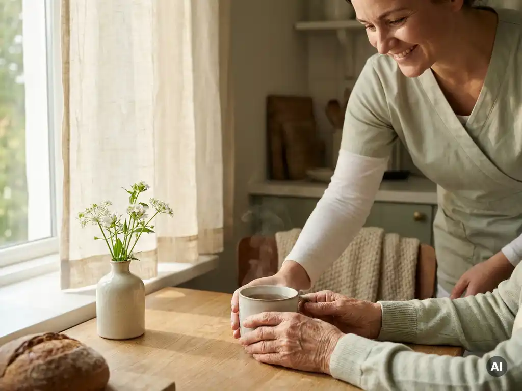 Pflegerin stellt einer älteren Frau eine Tasse Tee auf einen hellen Küchentisch, sanftes Nachmittagslicht, weiße Blumen.