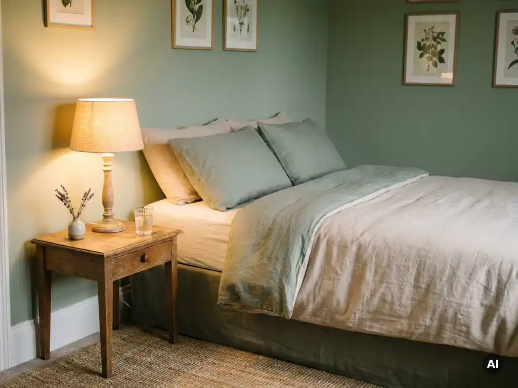 Nachttisch mit Lavendelzweig und Wasserglas neben warmem Bettlicht in einem ruhigen europäischen Schlafzimmer mit Leinentönen.