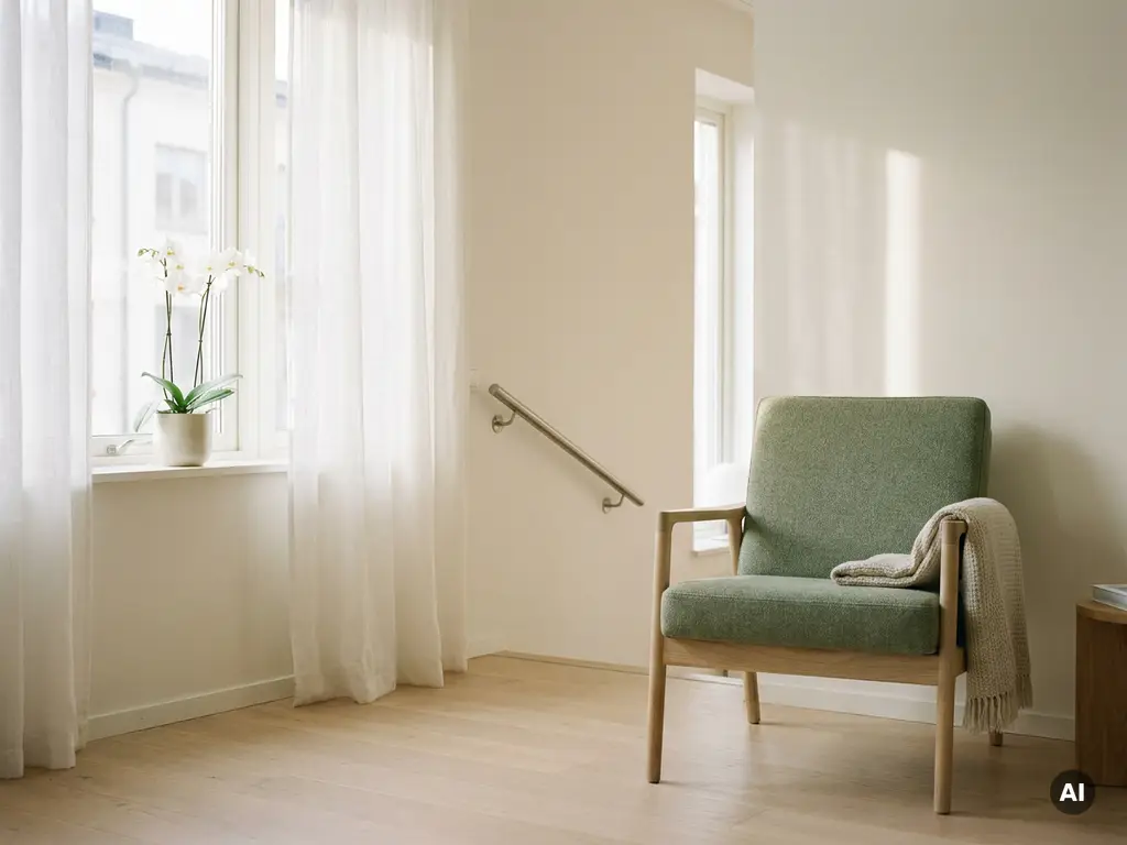 Helles Wohnzimmer mit Haltegriff neben Holzsessel, weißer Orchidee auf Fensterbank und sanftem Tageslicht.