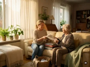 Familienangehöriger hilft älterer Frau beim Wäschefalten im sonnendurchfluteten Wohnzimmer mit Zimmerpflanzen im Hintergrund.