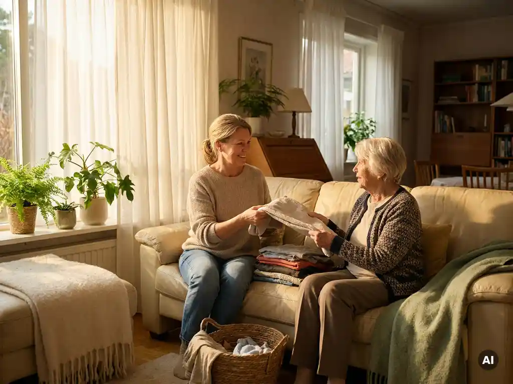 Familienangehöriger hilft älterer Frau beim Wäschefalten im sonnendurchfluteten Wohnzimmer mit Zimmerpflanzen im Hintergrund.